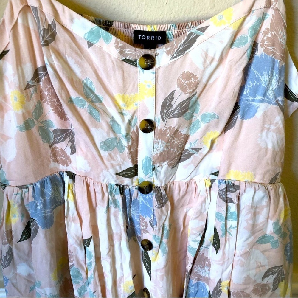 torrid Pink Floral Midi Dress with Blue and Yellow Accents